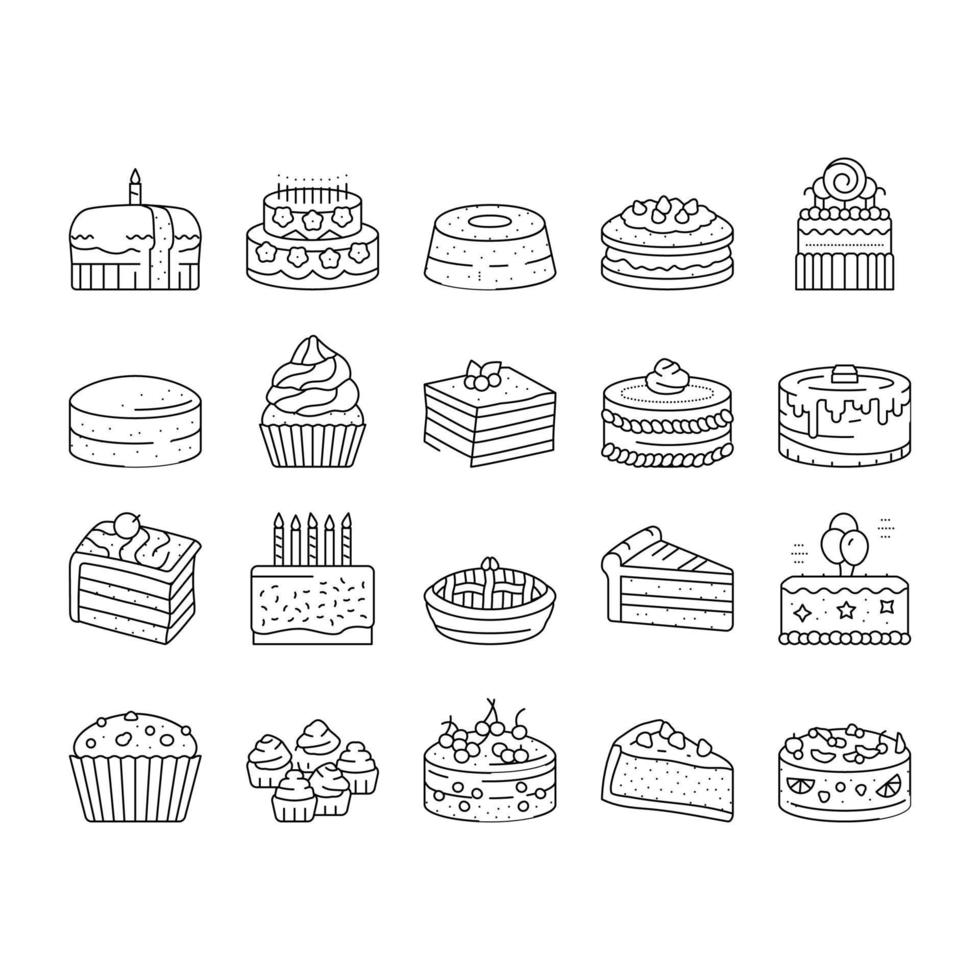 pastel cumpleaños comida postre fiesta iconos conjunto vector