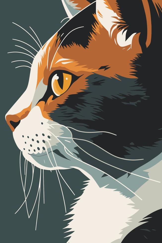 Vector illustration of a cat head on a dark background. Retro style.
