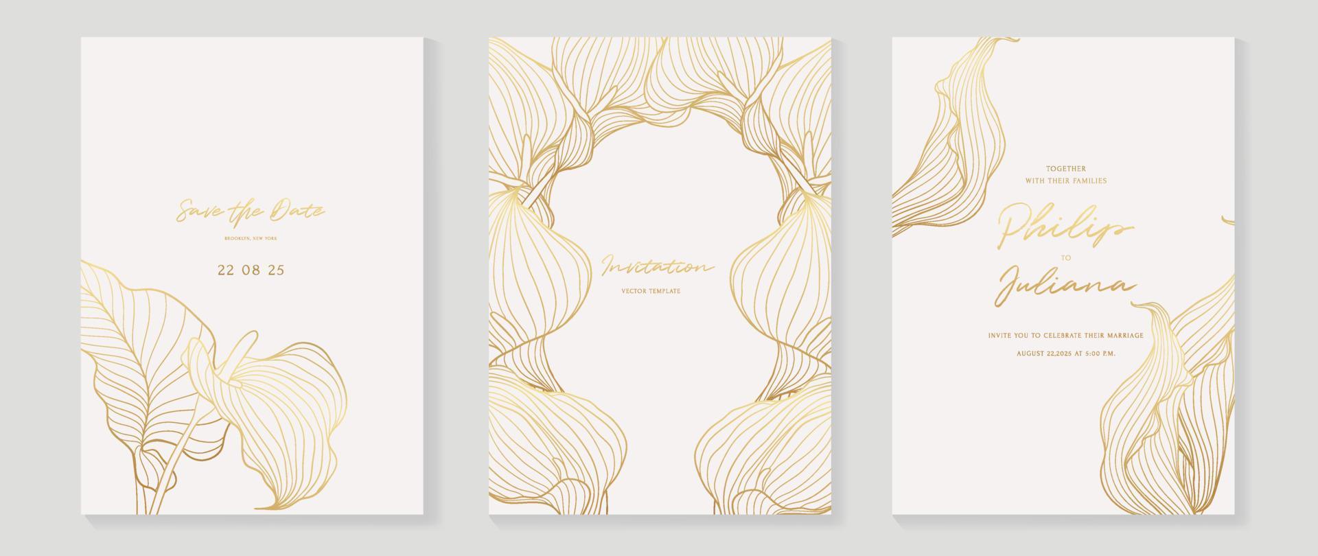 Luxury wedding invitation card background vector. Decorate with elegant botanical flowers golden line art texture template background. Design illustration for wedding and vip cover template, banner. vector