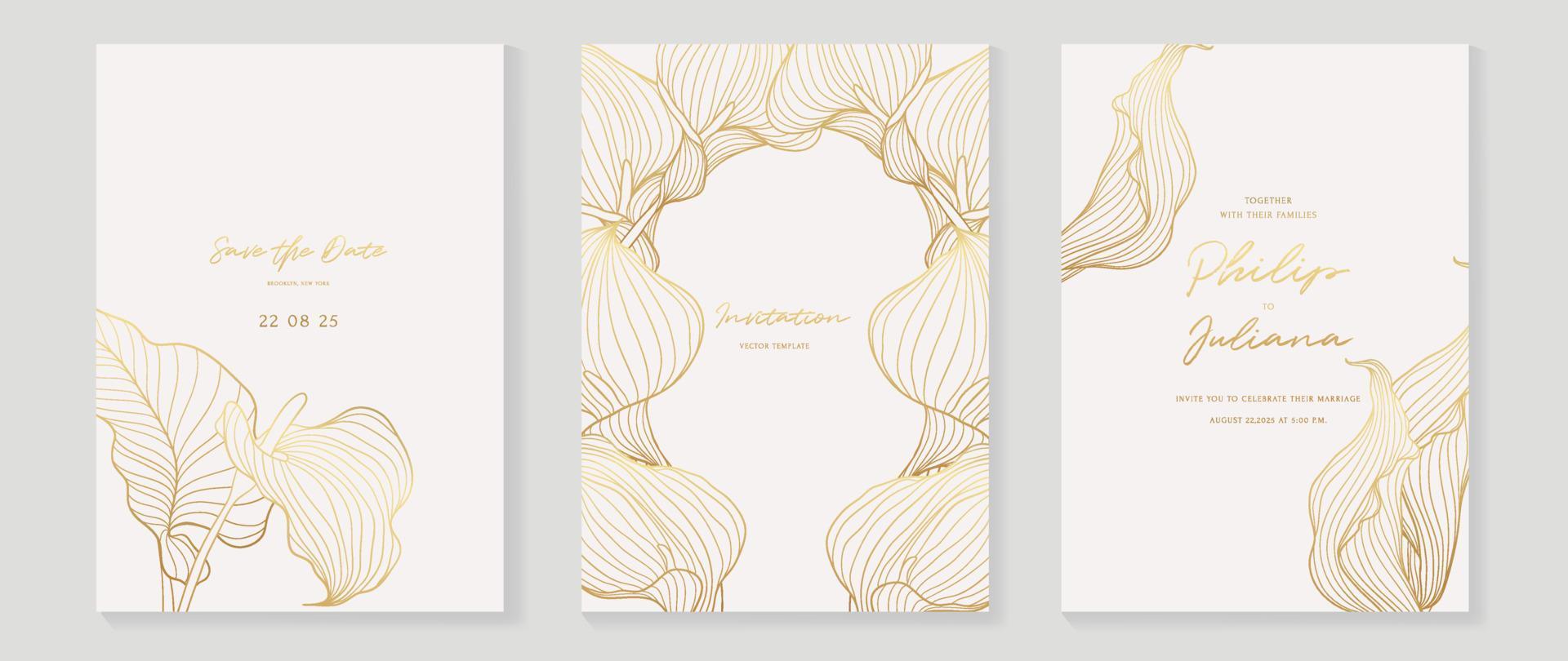 vector de fondo de tarjeta de invitación de boda de lujo. decorar con elegantes flores botánicas fondo de plantilla de textura de arte de línea dorada. ilustración de diseño para boda y plantilla de portada vip, banner.