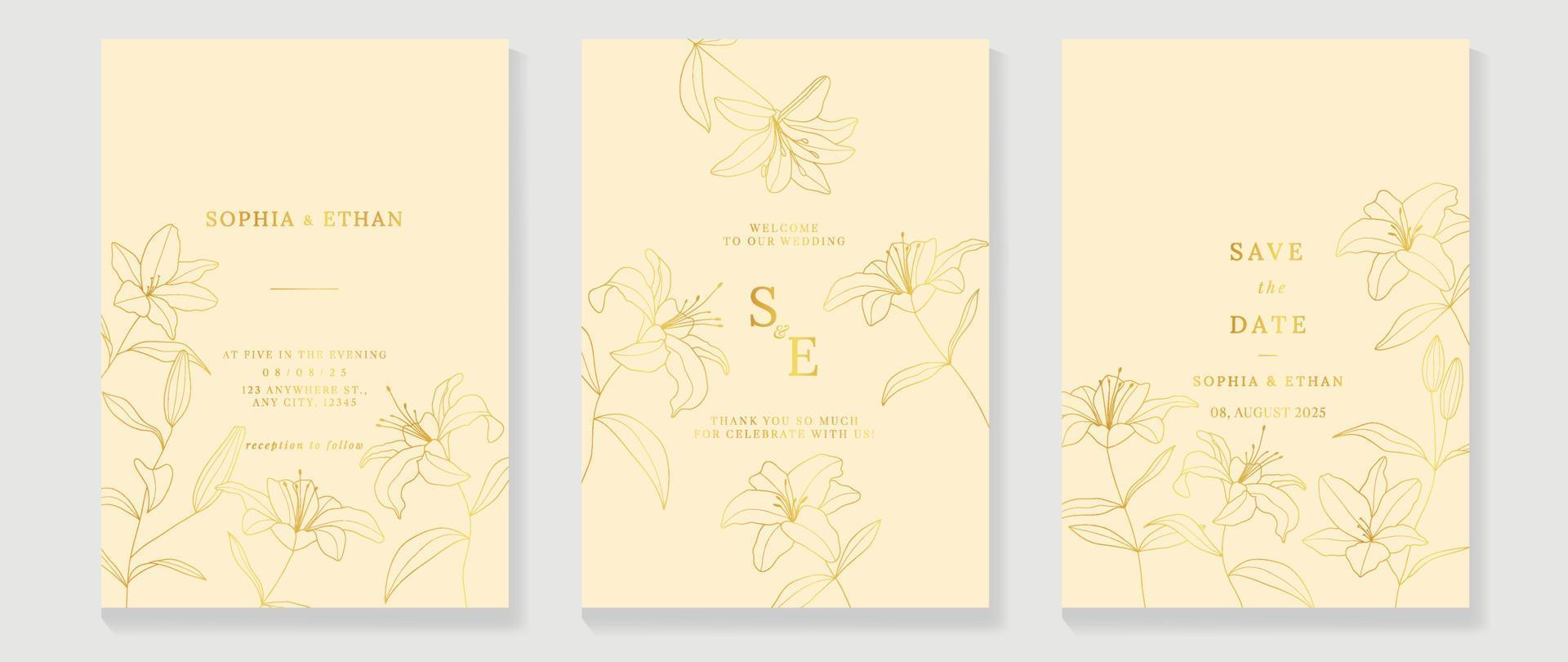 vector de fondo de tarjeta de invitación de boda de lujo. elegante flor de lirio botánico decorada con fondo de plantilla de textura de arte de línea dorada. ilustración de diseño para boda y plantilla de portada vip, banner.