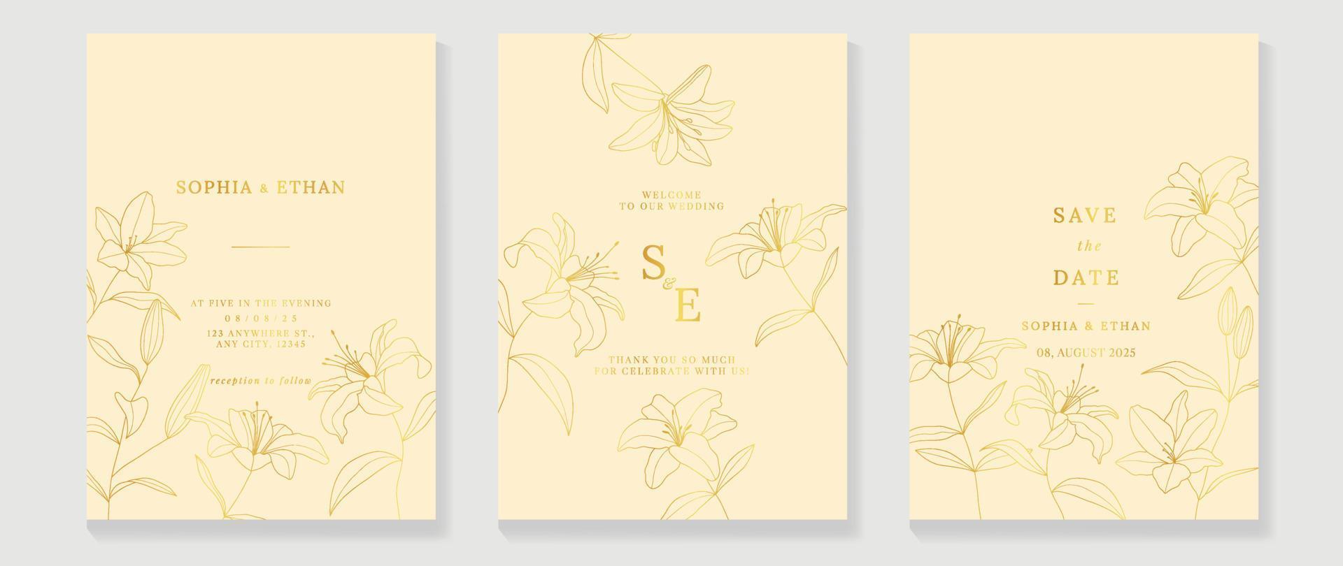 Luxury wedding invitation card background vector. Elegant botanical lily flower decorate with gold line art texture template background. Design illustration for wedding and vip cover template, banner. vector