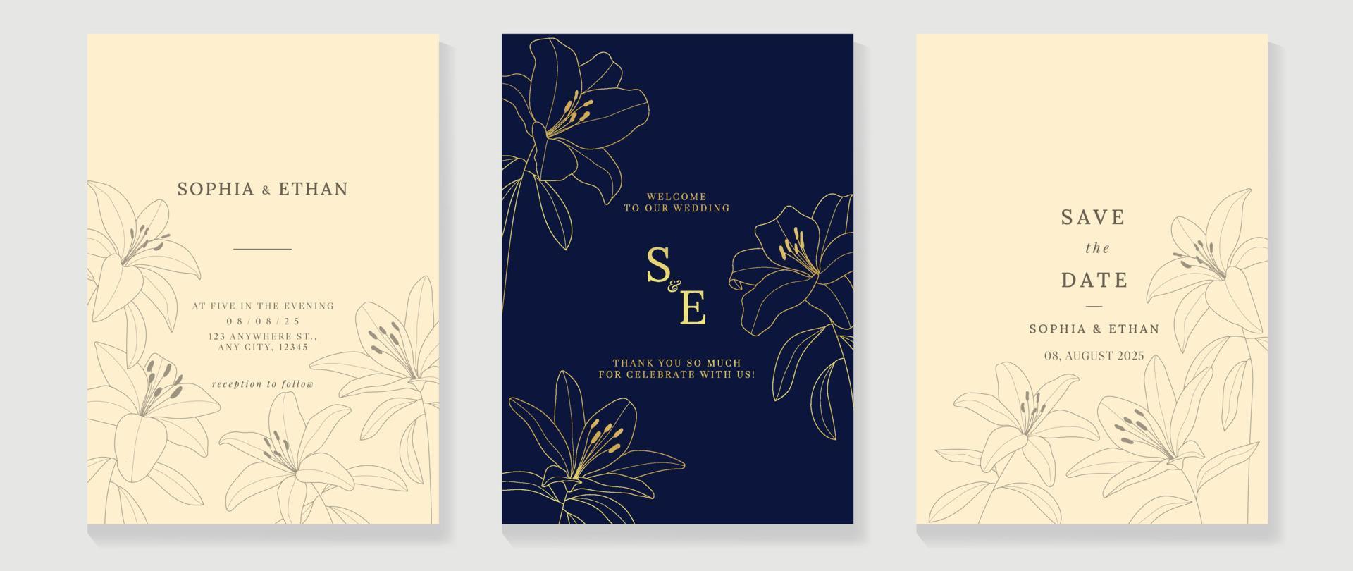 vector de fondo de tarjeta de invitación de boda de lujo. elegante flor de lirio botánico y fondo de plantilla de textura de arte de línea dorada. ilustración de diseño para boda y plantilla de portada vip, banner.