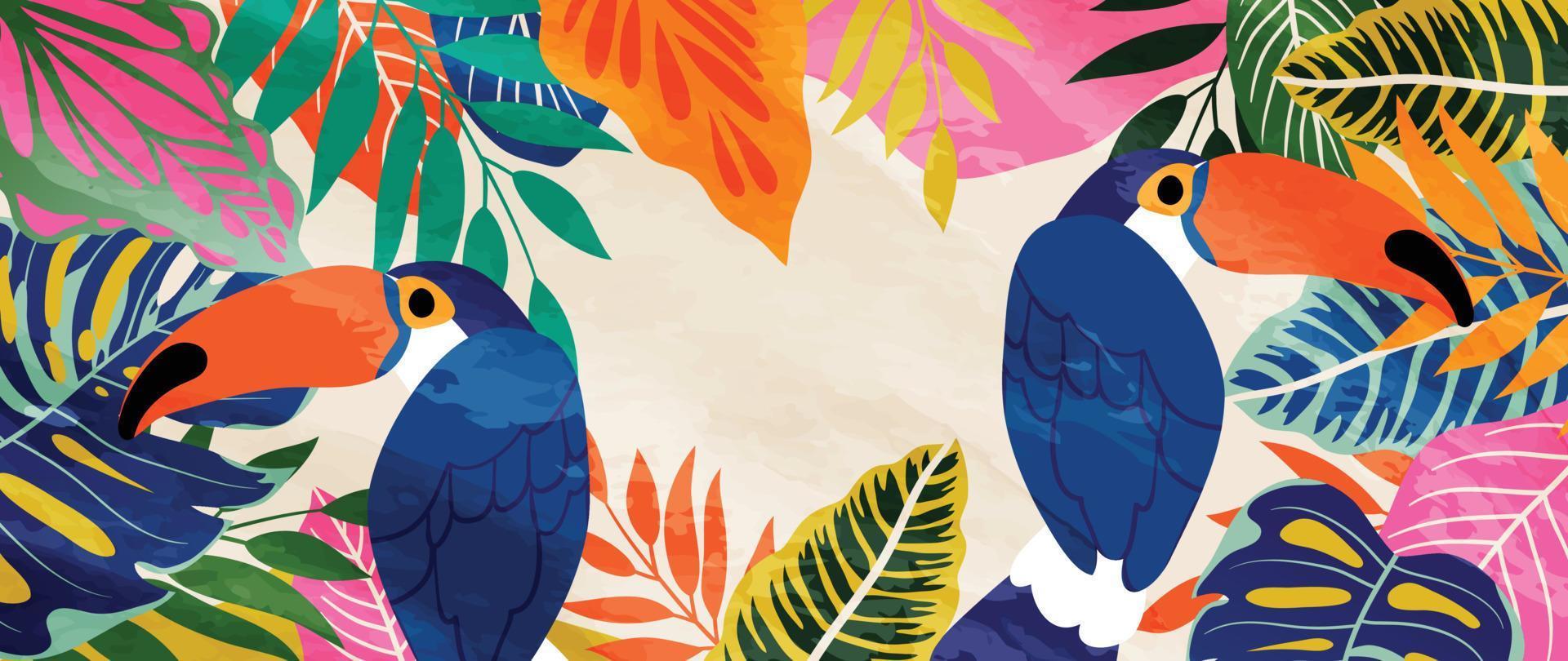 Ilustración de vector de fondo tropical colorido. plantas de la jungla, hojas de palma, estilo exótico de verano con pájaro de hornbill y textura de acuarela. diseño contemporáneo para la decoración del hogar, papel tapiz.