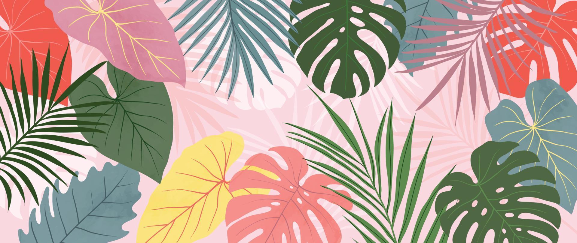 Ilustración de vector de fondo de hojas tropicales coloridas. plantas de la selva, follaje de palma de monstera, exótico fondo de estilo hawaiano de verano de la selva tropical. diseño contemporáneo para la decoración del hogar, papel pintado.