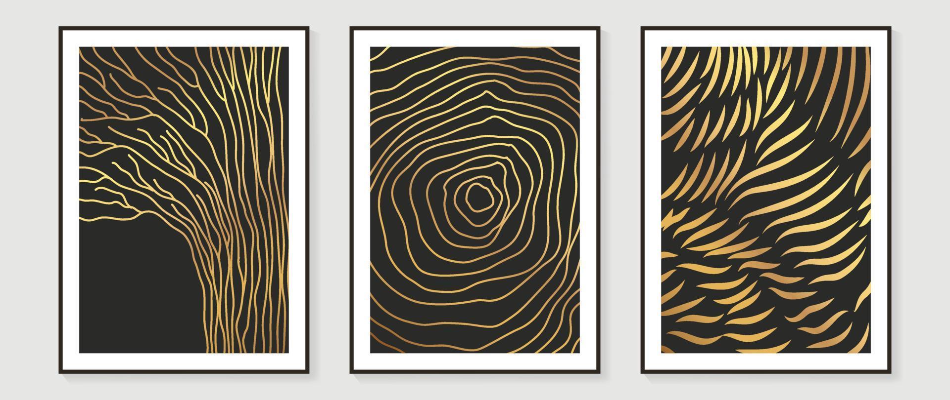 Luxury gold abstract pattern wall art vector set. Delicate gradient gold line art, round circle line, tiger stripes pattern shine on dark background. Design for home decoration, spa, cover, interior.