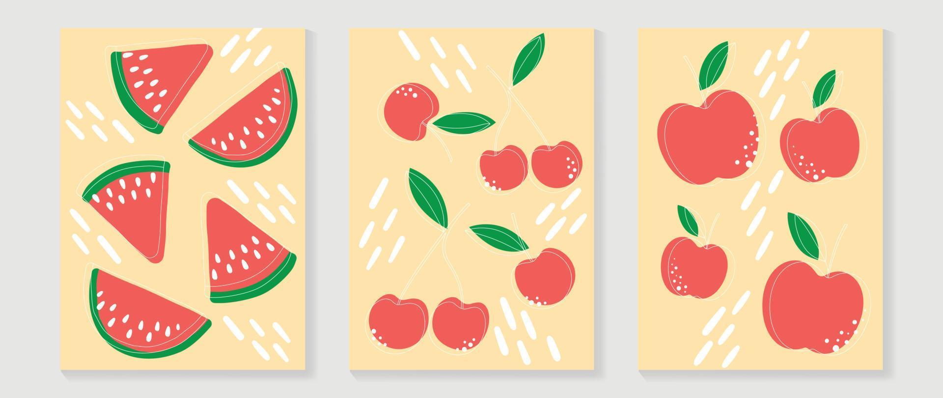 conjunto de vectores de fondo de arte de pared de fruta fresca. fruta tropical de sandía, cereza y manzana con punto cómico y textura de línea. diseño de temporada de primavera y verano para decoración del hogar, interior, papel pintado, tela.