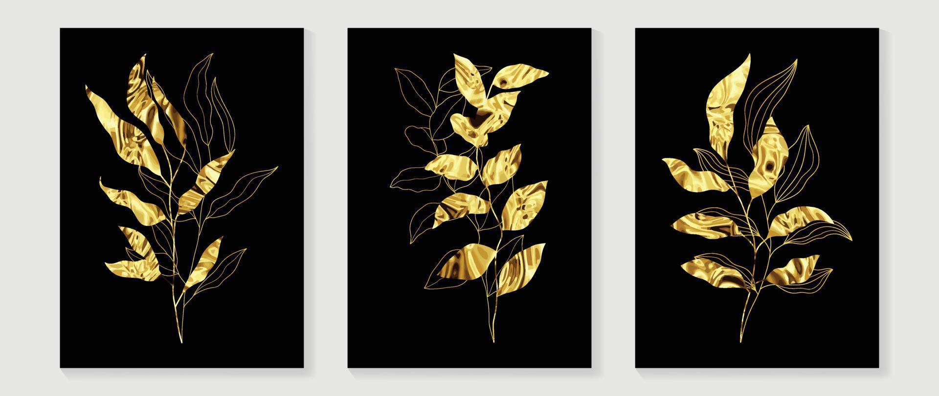 Luxury gold tropical leaves wall art vector set. Botanical exotic jungle foliage, natural palm leaves, golden line art and watercolor pattern texture. Design for home decoration, spa, cover, print.