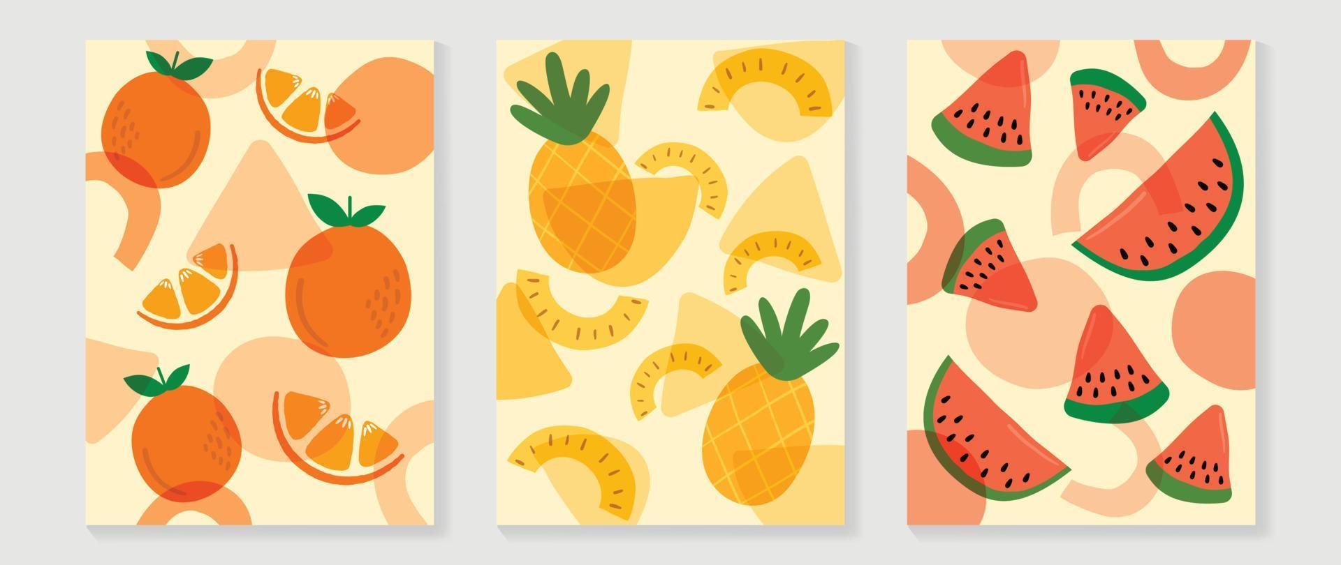 conjunto de vectores de fondo de arte de pared de fruta fresca. patrón de frutas tropicales colección mínima de naranja, piña y sandía. diseño de temporada de primavera y verano para decoración del hogar, interior, papel pintado, tela.