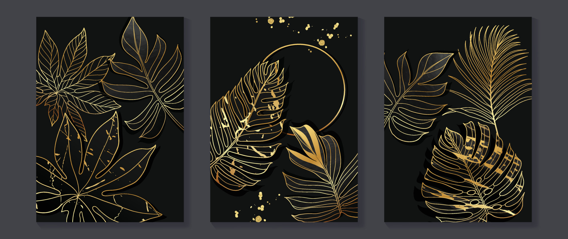 Luxury gold tropical leaves wall art vector set. Botanical exotic