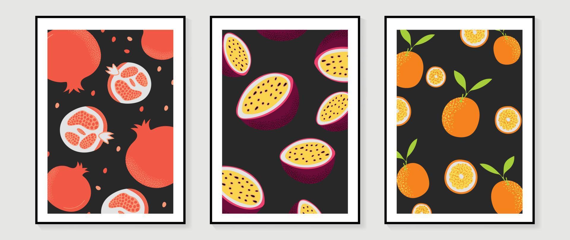 conjunto de vectores de fondo de arte de pared de fruta fresca. textura de acuarela de frutas tropicales de granada, maracuyá y naranja. diseño de temporada de primavera y verano para decoración del hogar, interior, papel pintado, tela.