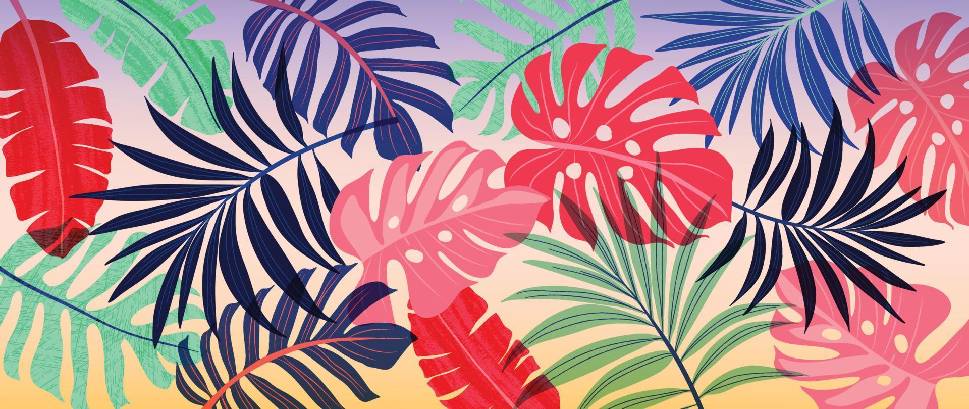Ilustración de vector de fondo tropical colorido. plantas de la selva, hojas de palma de monstera, exótica textura de acuarela grunge estilo primavera verano. diseño de arte contemporáneo para la decoración del hogar, papel tapiz.