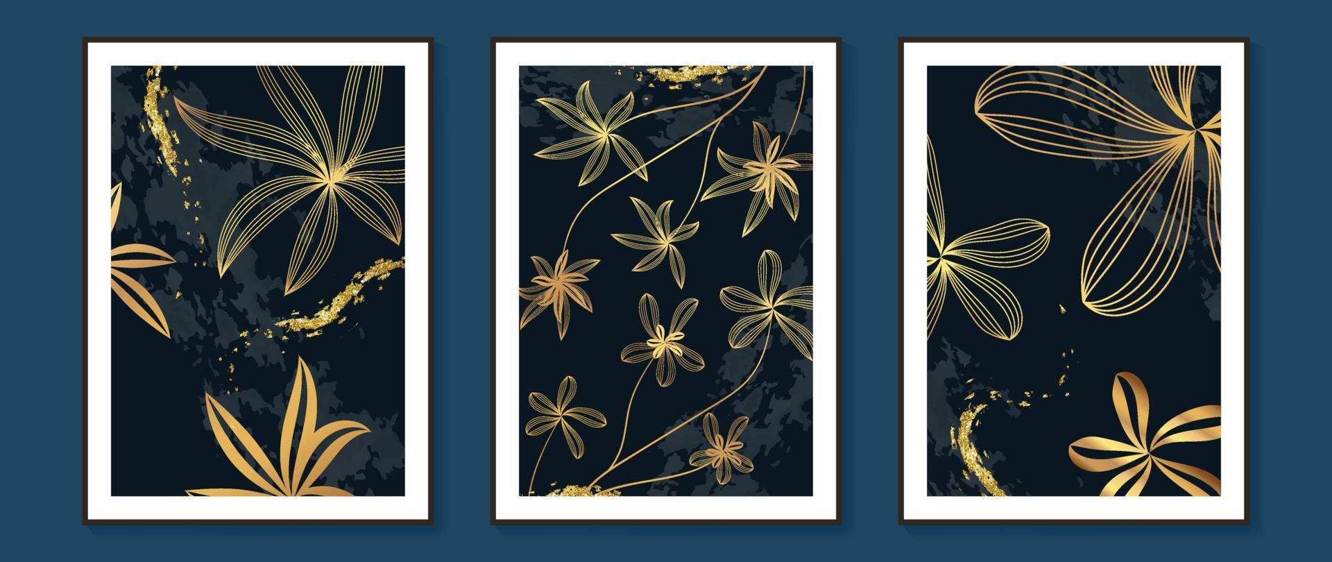 Luxury gold tropical leaves wall art vector set. Delicate gold botanical exotic jungle flowers line art and foil texture painting on watercolor dark background. Design for home decoration, spa, cover.