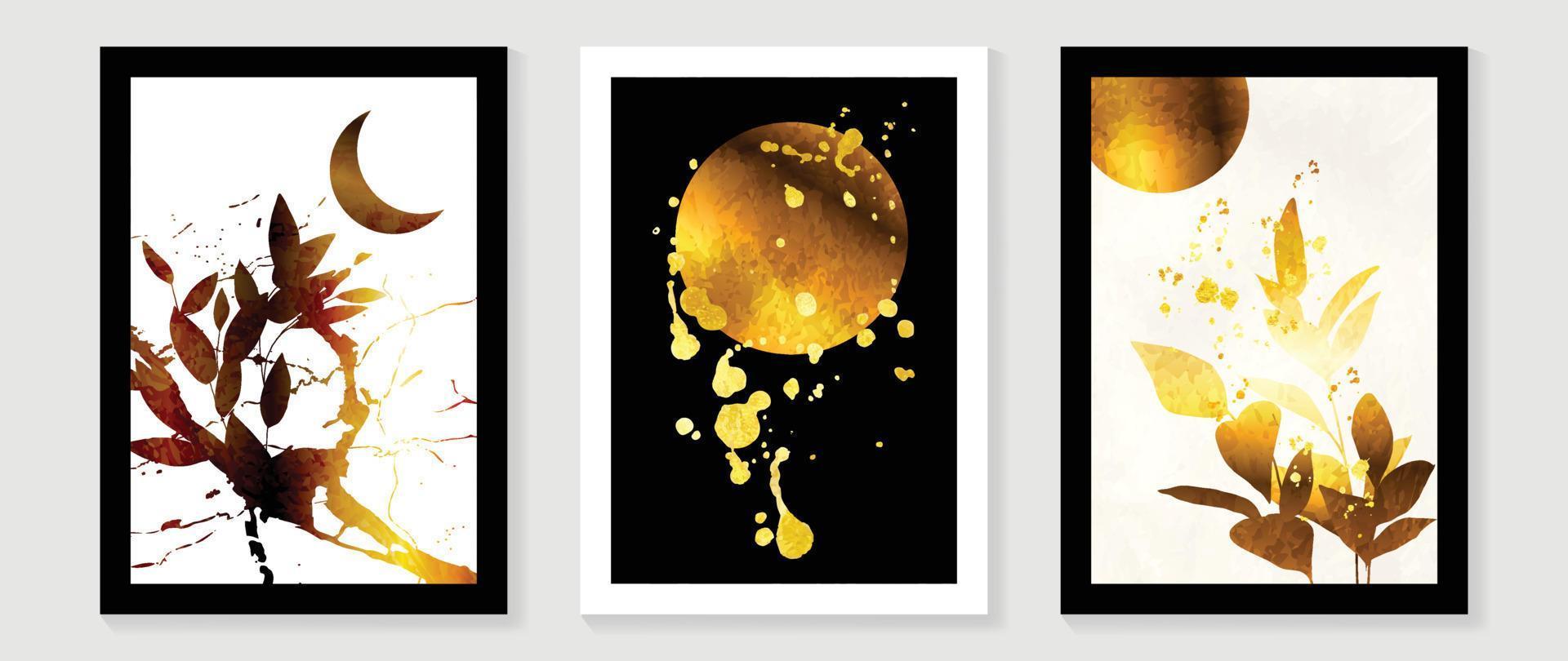 Luxury gold tropical leaves wall art vector set. Abstract botanical watercolor leaf branch with gradient gold crescent, full moon, ink splatter texture. Design for home decoration, spa, cover, print.