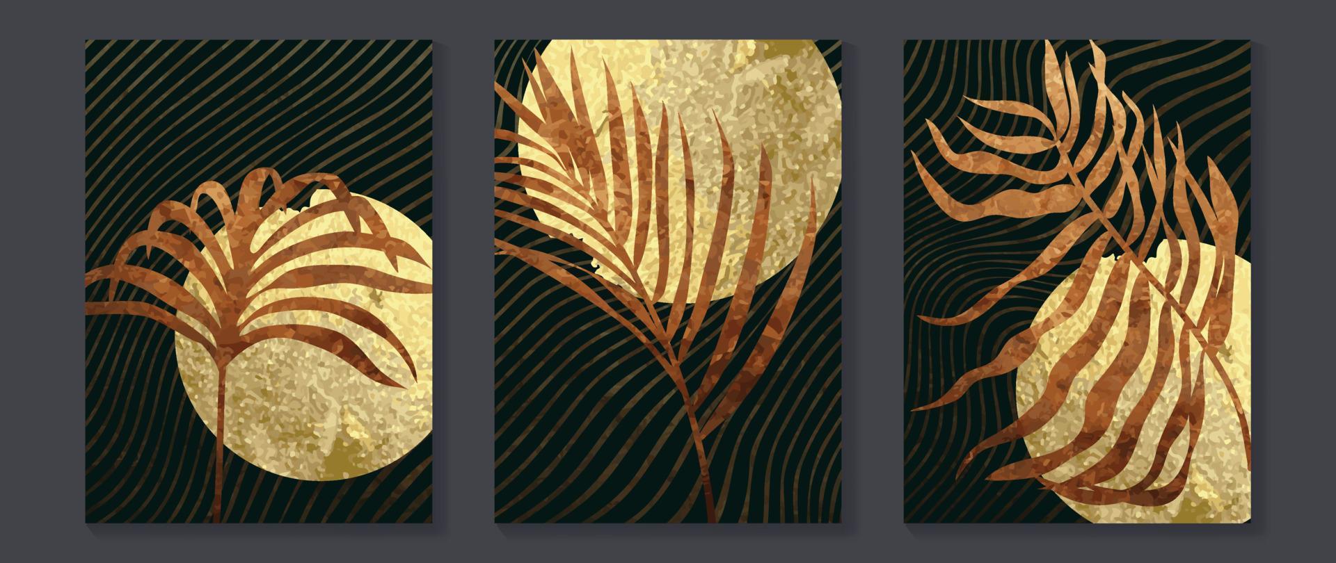 Luxury gold tropical leaves wall art vector set. Botanical exotic jungle palm foliage watercolor, line art, golden foil texture, shiny geometric circle shape. Design for home decoration, spa, cover.