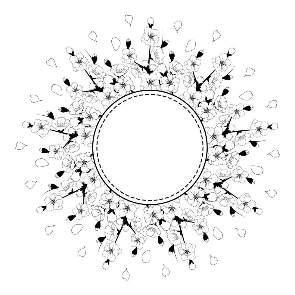 Circular frame with cherry blossoms. Minimalistic greeting card or wedding invitation template. Black and white vector illustration