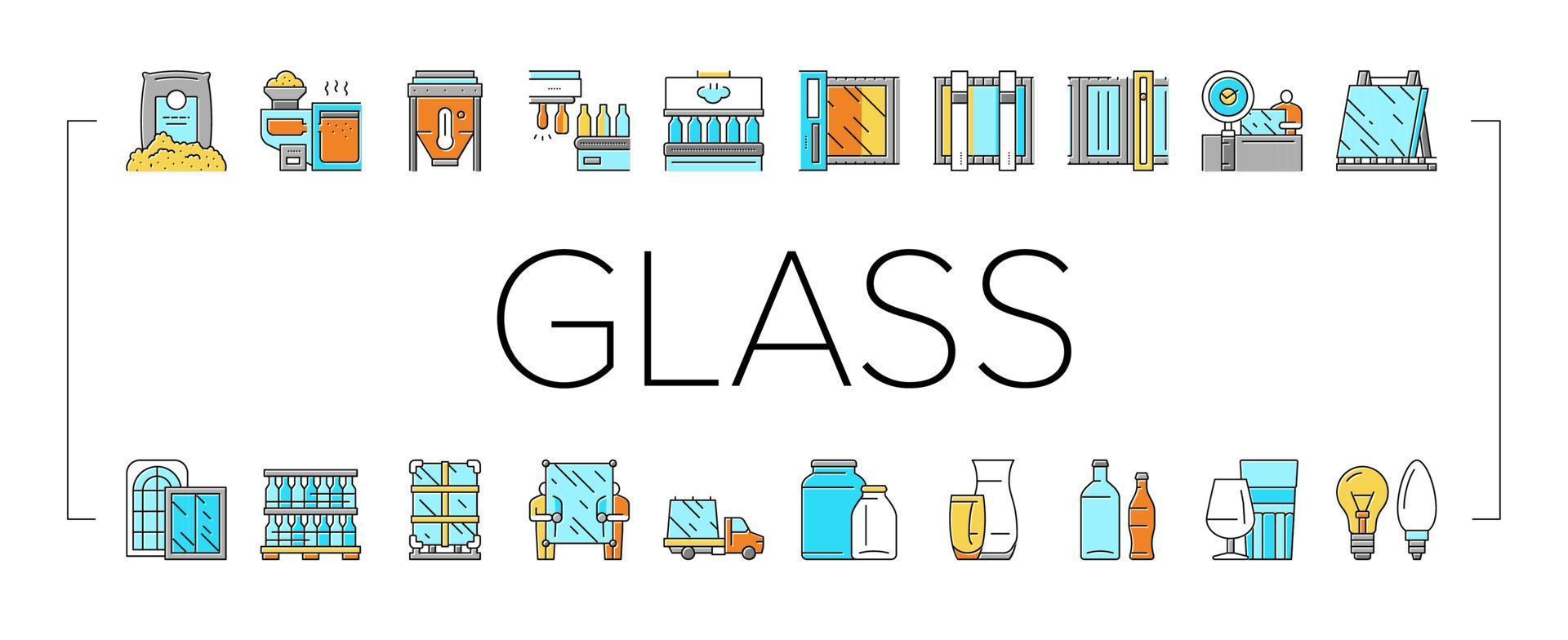 Glass Production Plant Collection Icons Set Vector