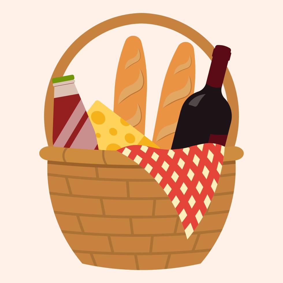 concepto de cesta de picnic con vino y baguette. ilustración de vector de actividad de primavera en estilo plano