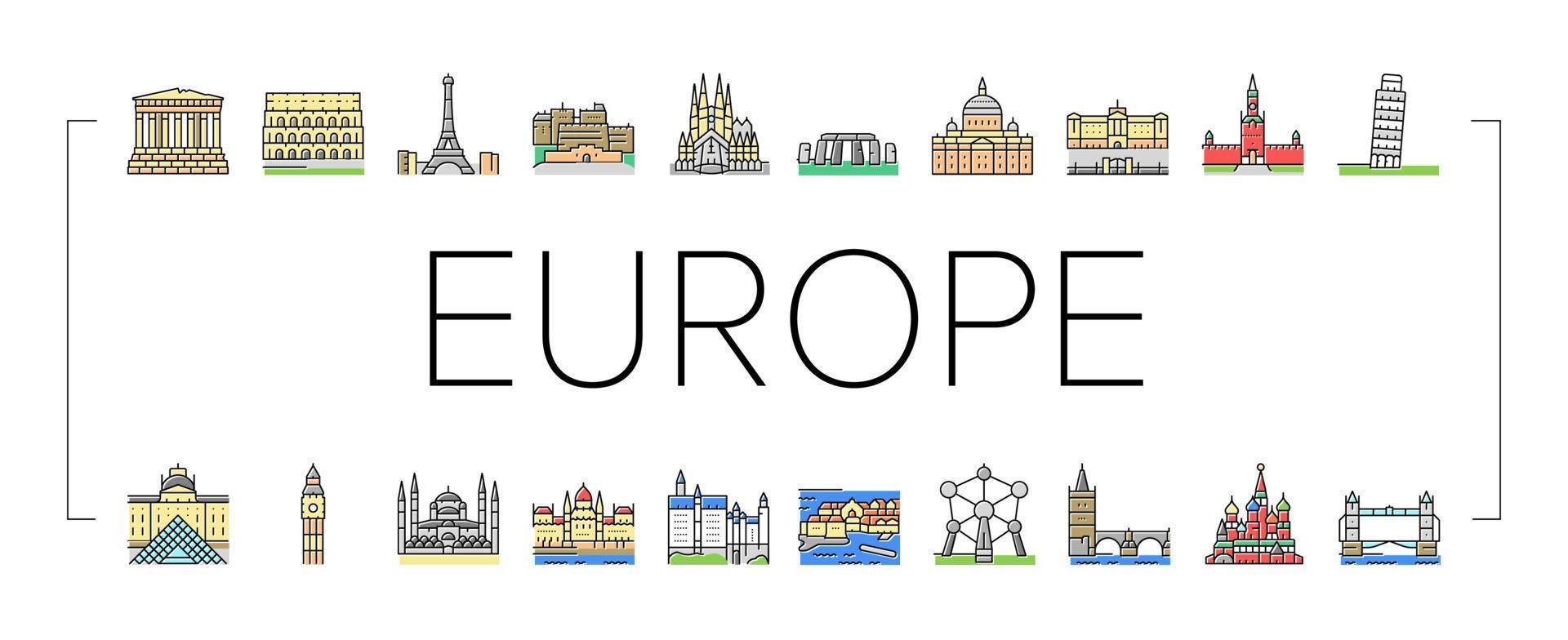Europe Monument Construction Icons Set Vector