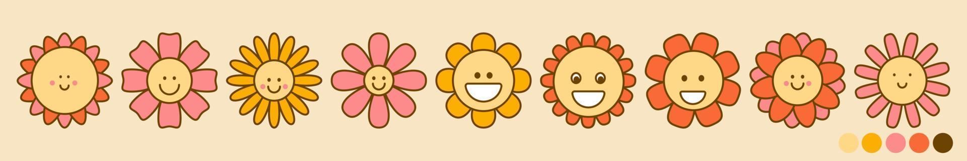 conjunto vectorial de flores retro con sonrisas y ojos en estilo maravilloso vector