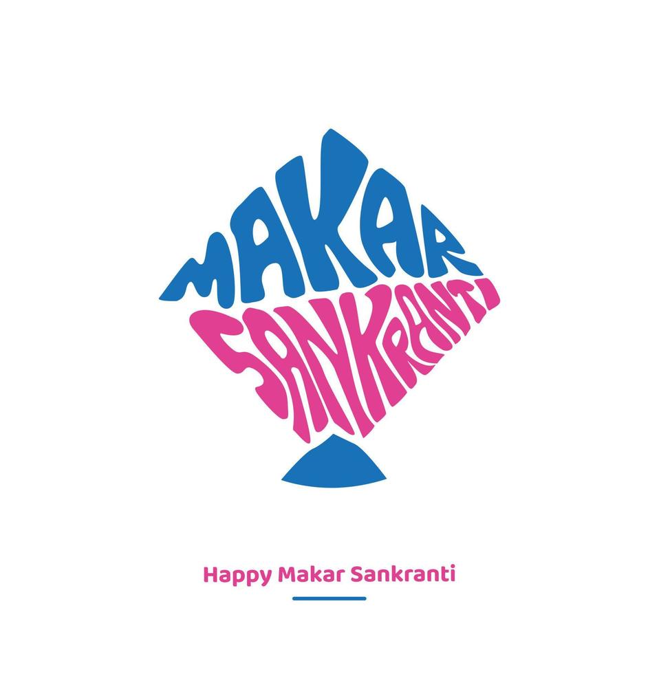 feliz makar sankranti saludos. letras makar sankranri en forma de cometa en escritura latina. vector