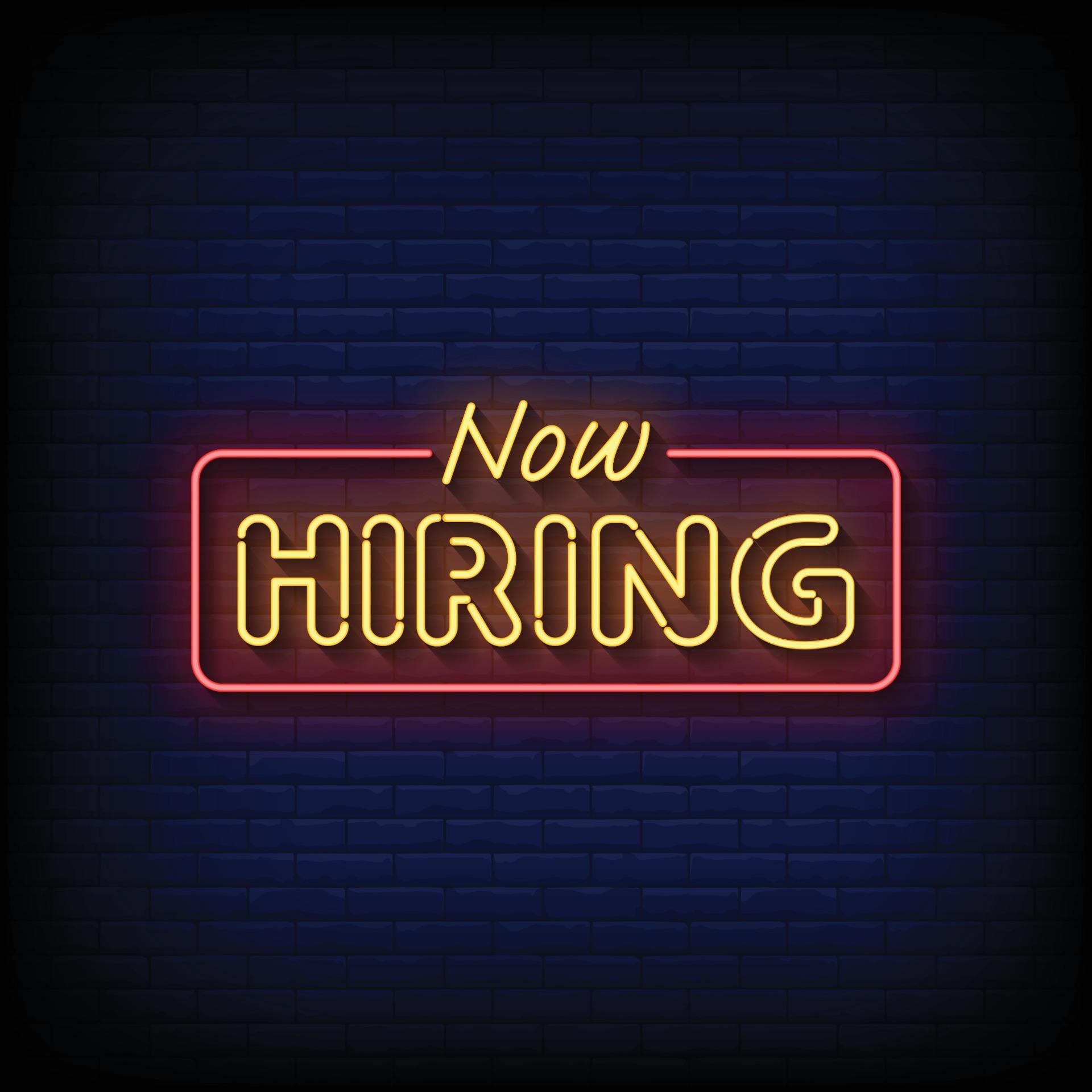 Neon Sign now hiring with brick wall background vector 19599358 Vector