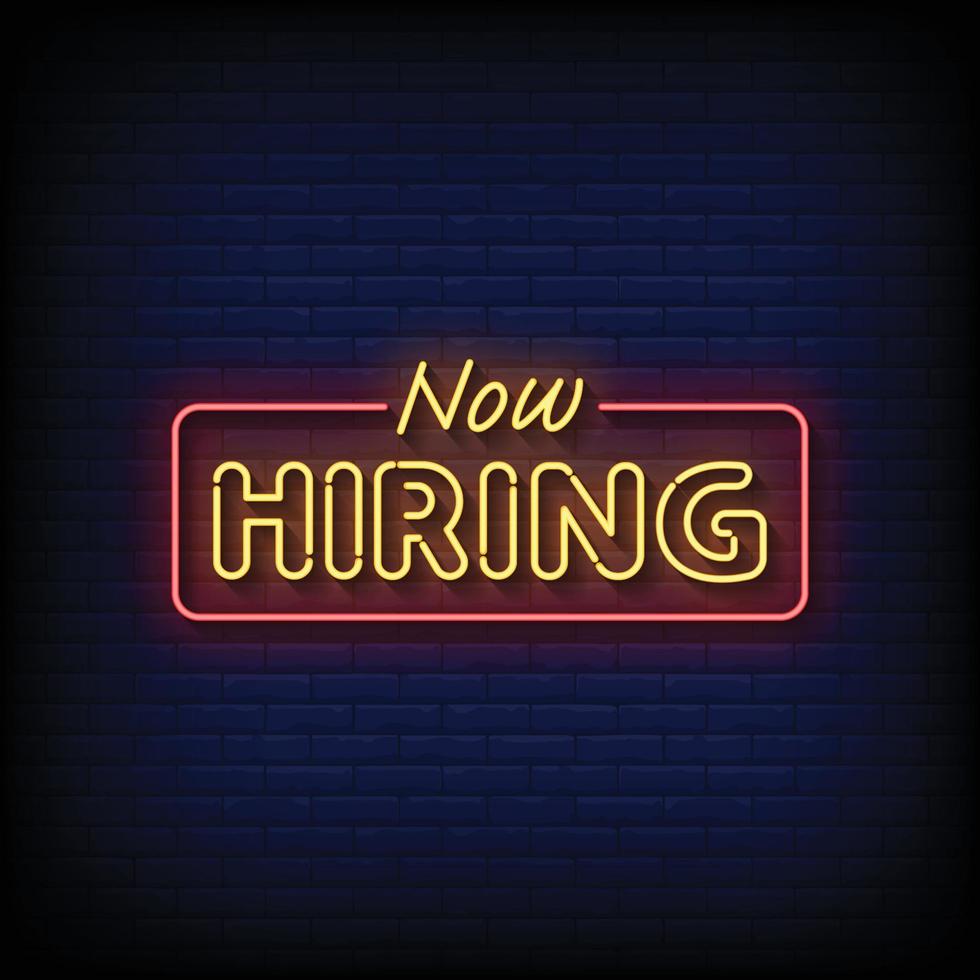 Neon Sign now hiring with brick wall background vector