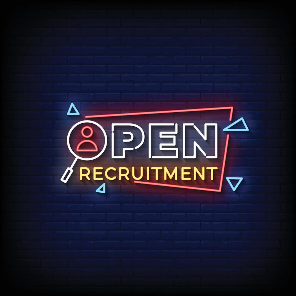 Neon Sign open recruitment with brick wall background vector