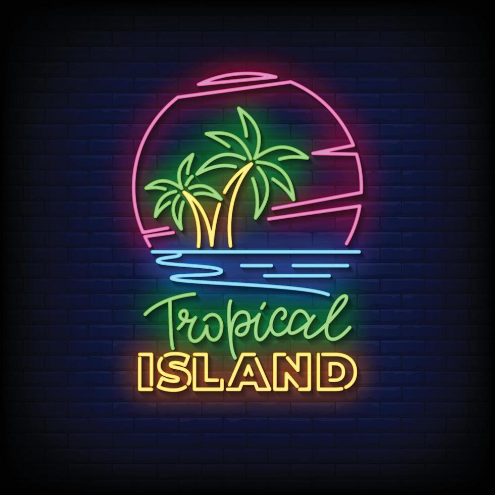 Neon Sign tropical island with brick wall background vector 19599361
