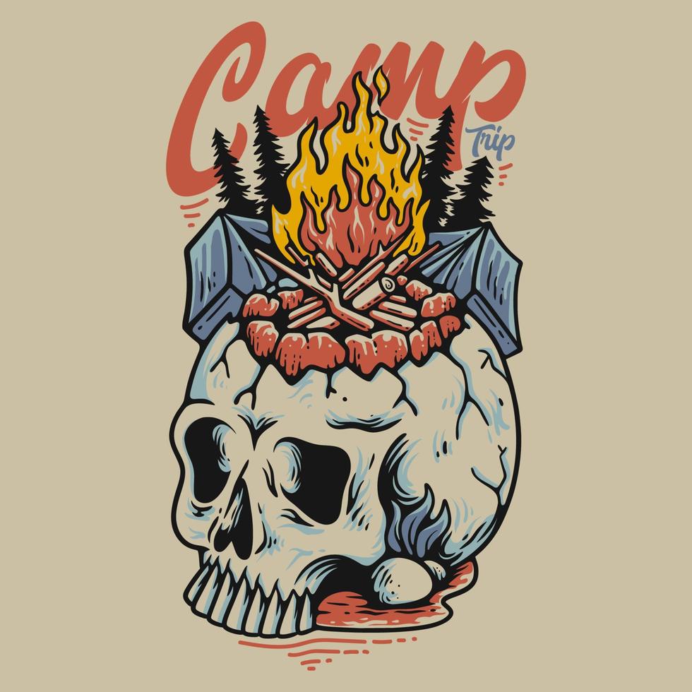 T Shirt Design Camp Trip With Campfire On The Skull Vintage Illustration vector