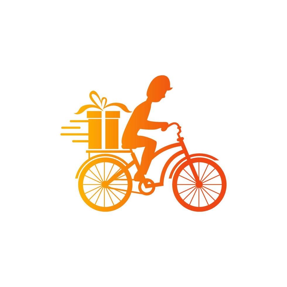 Fast and free delivery by cycle. Courier on bike with parcel box on the back isolated on white background. Delivery work vector illustration in flat design.