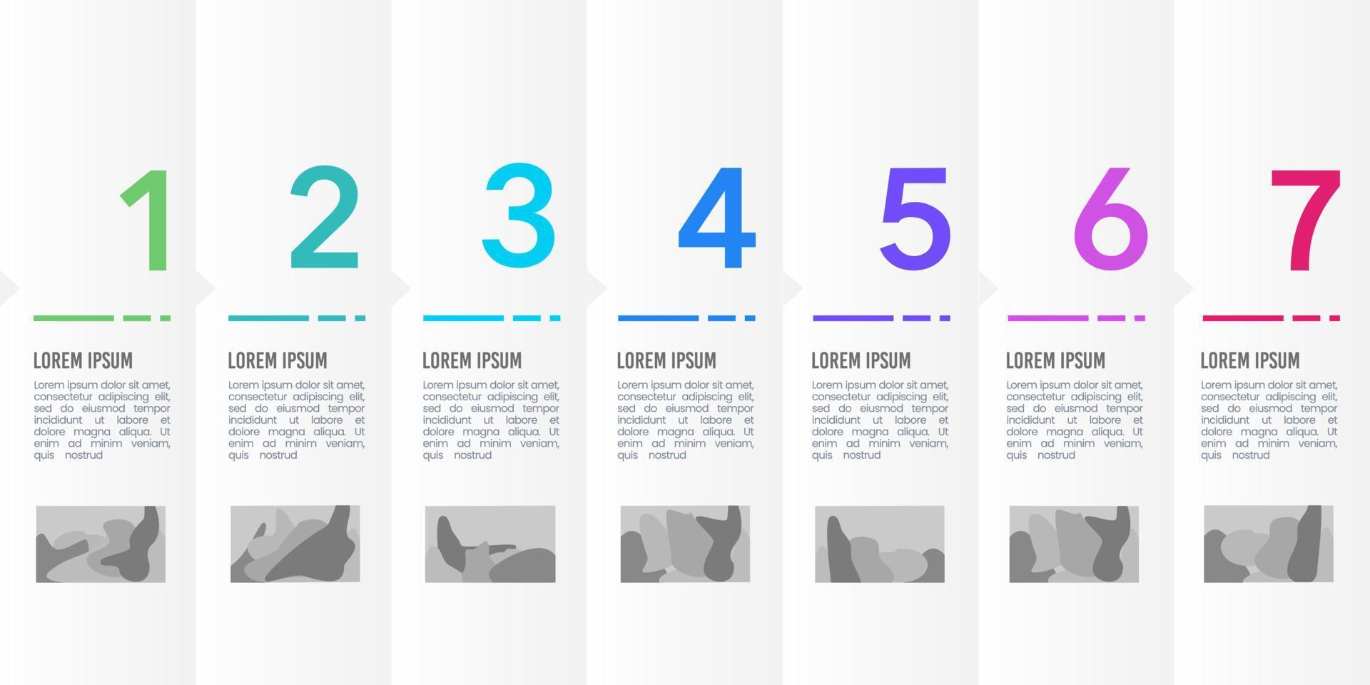 folleto infográfico 7 pasos u opciones. línea de tiempo histórica de negocios infográficos. vector