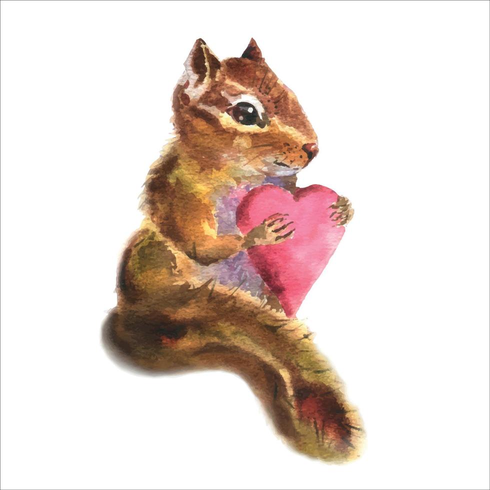 Watercolor image, forest chipmunk with hearb, isolated on white background. For valentine day poscads. vector