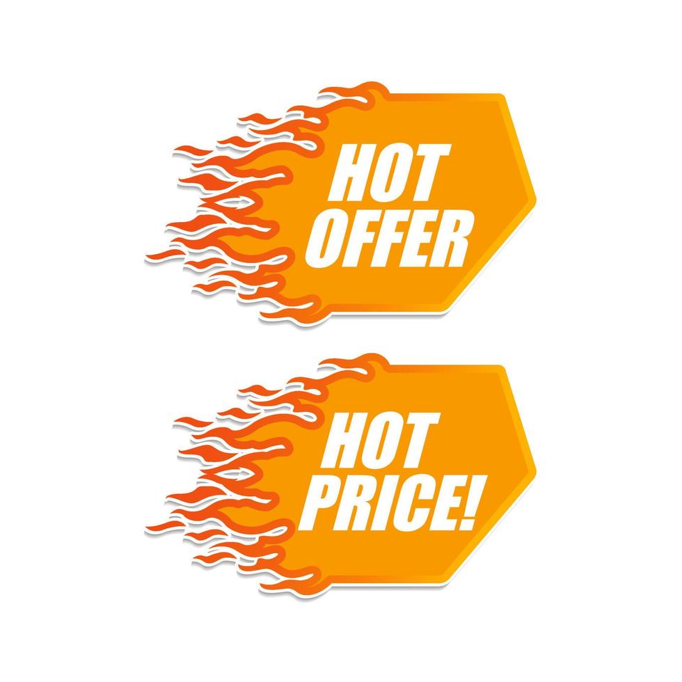 precio caliente y precio en pancartas de fuego - texto en etiquetas amarillas y rojas dibujadas con signos de llamas, concepto de compras de negocios, vector