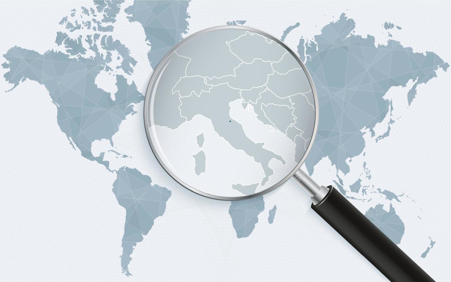 World map with a magnifying glass pointing at San Marino. Map of San Marino with the flag in the loop. vector