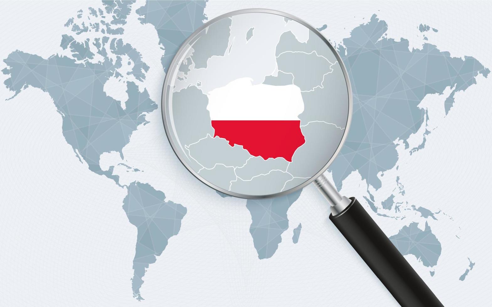 World map with a magnifying glass pointing at Poland. Map of Poland with the flag in the loop. vector