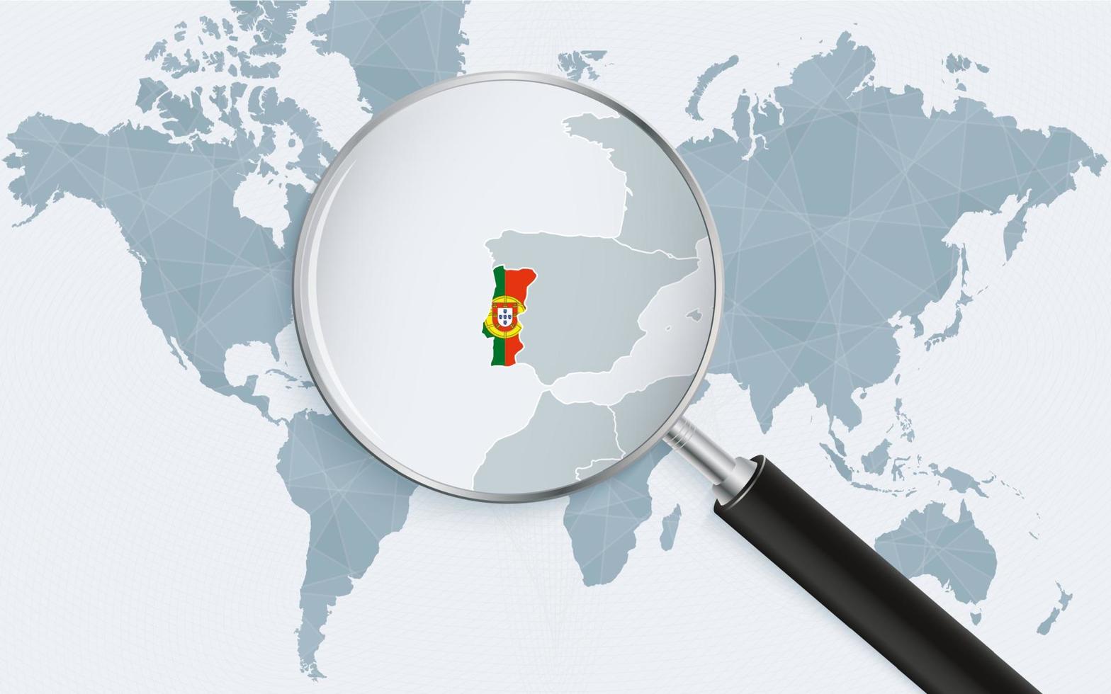 World map with a magnifying glass pointing at Portugal. Map of Portugal with the flag in the loop. vector