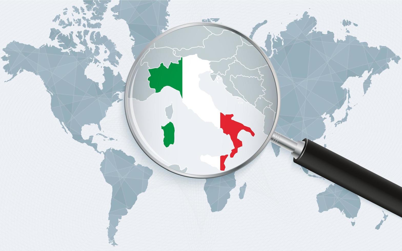 World map with a magnifying glass pointing at Italy. Map of Italy with the flag in the loop. vector