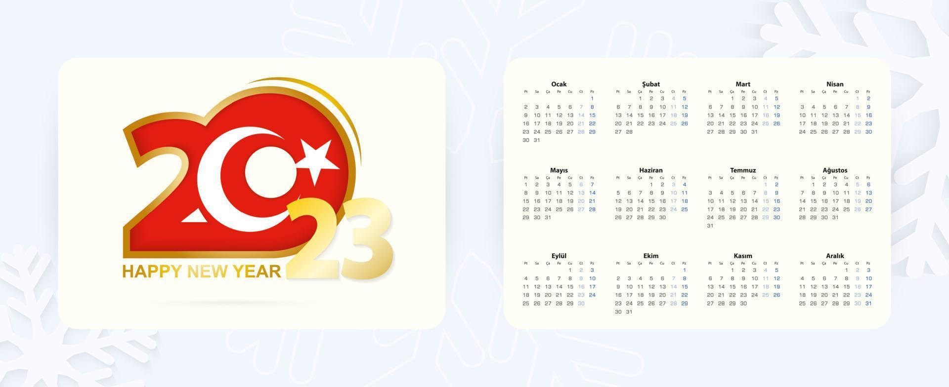 Horizontal Pocket Calendar 2023 in Turkish language. New Year 2023 icon with flag of Turkey. vector