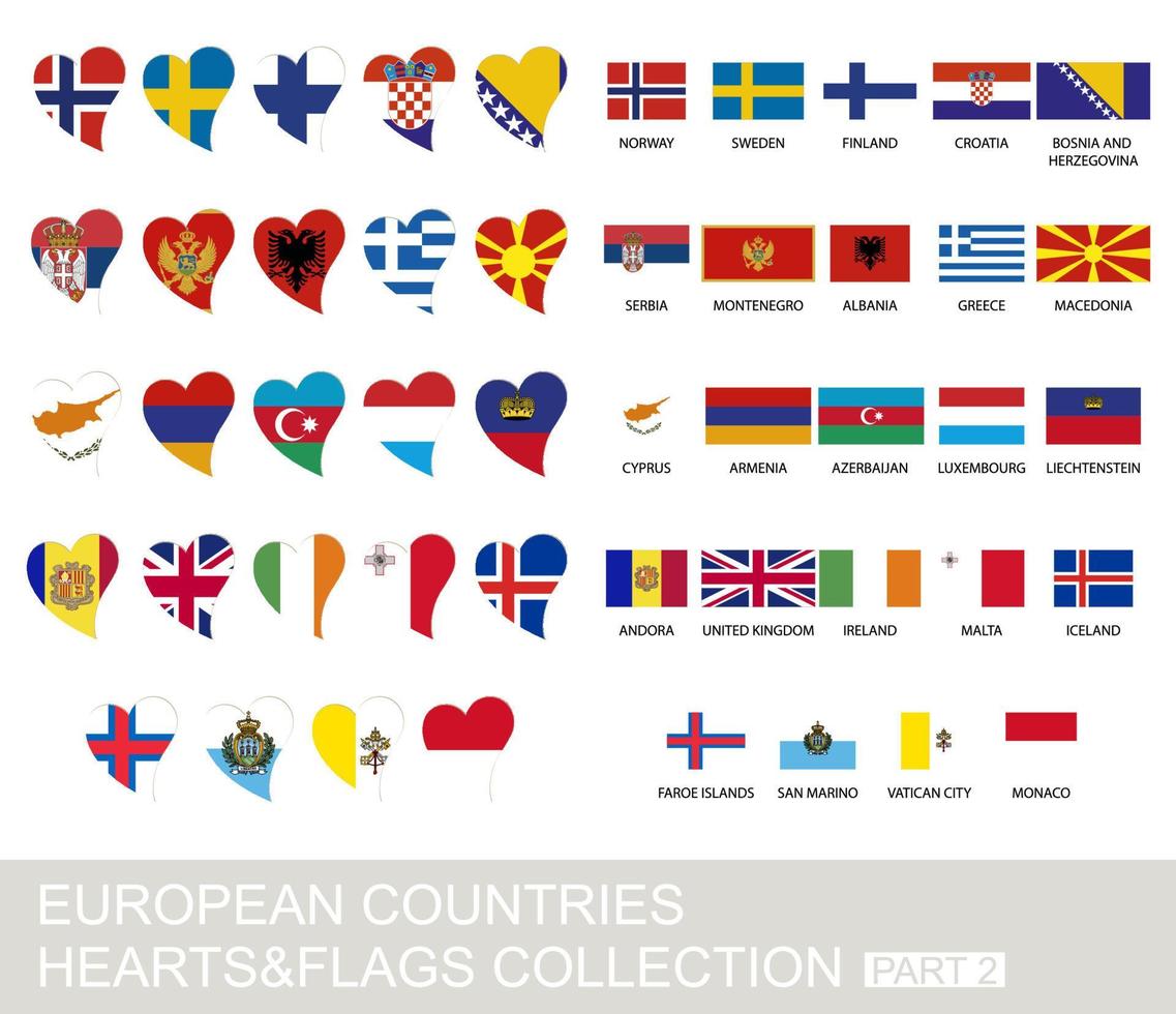 conjunto de países europeos, corazones y banderas, parte 2 vector