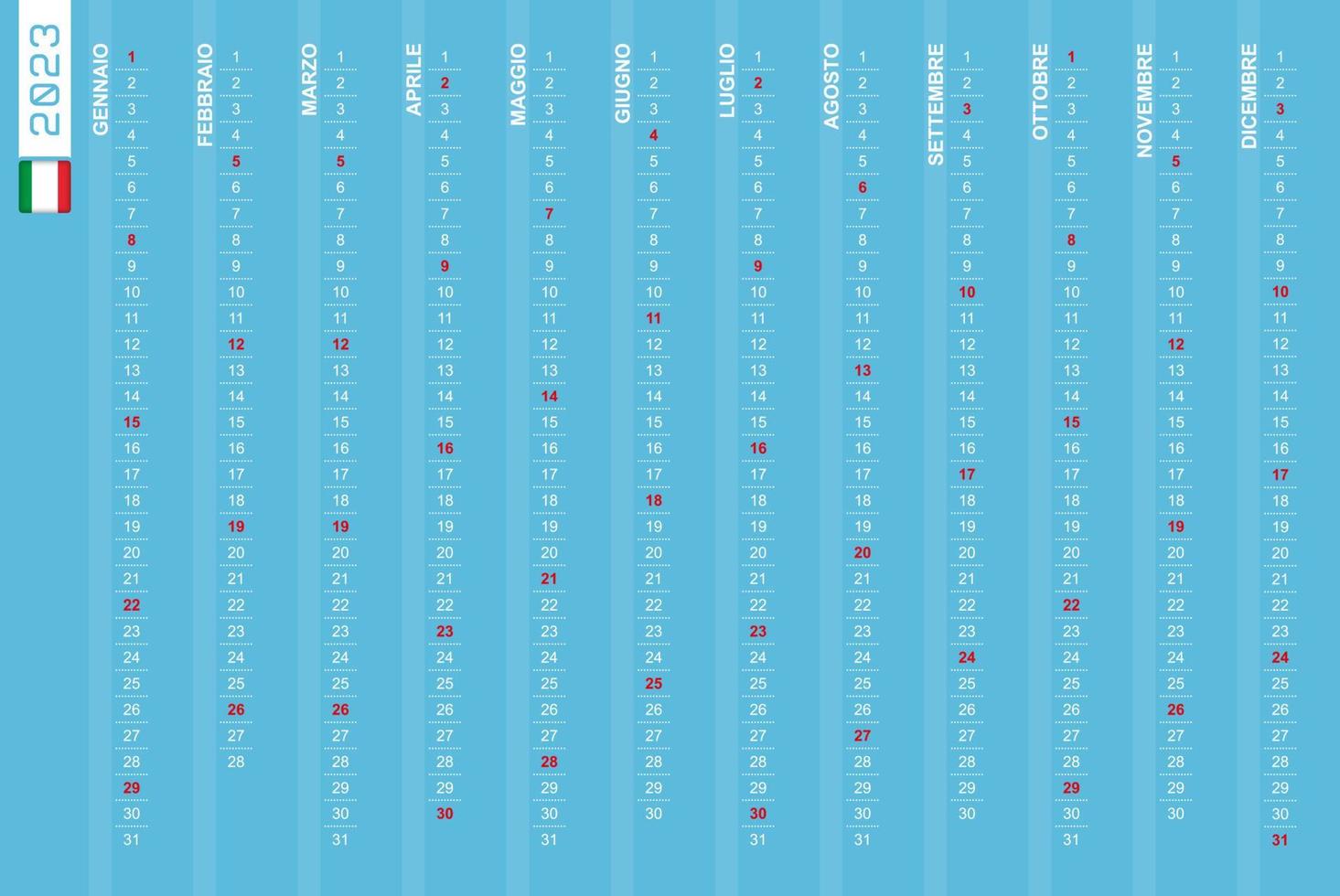 calendario vertical de una fila para el año 2023 en italiano. calendario italiano para 2023 con domingos destacados. vector