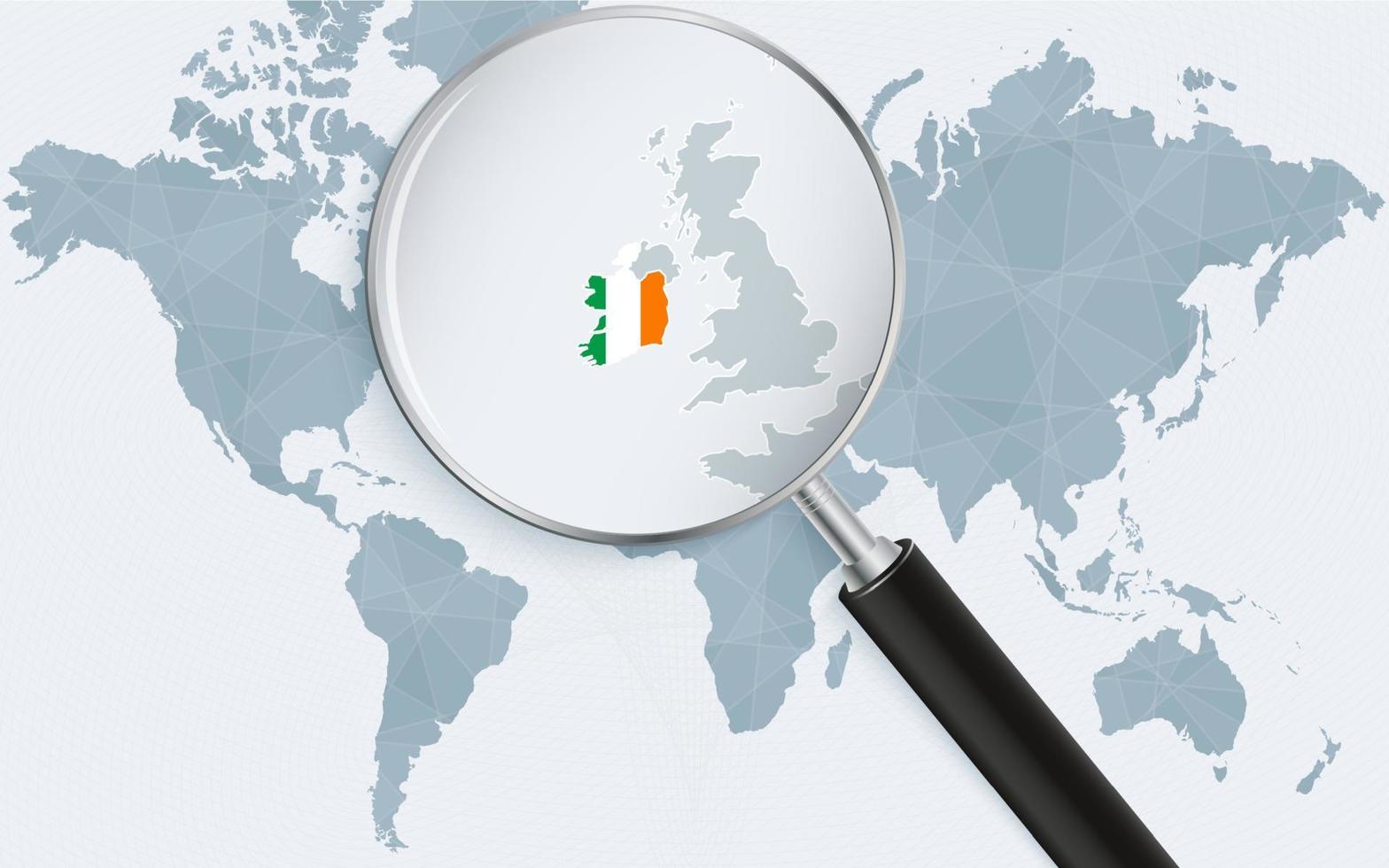 World map with a magnifying glass pointing at Ireland. Map of Ireland with the flag in the loop. vector
