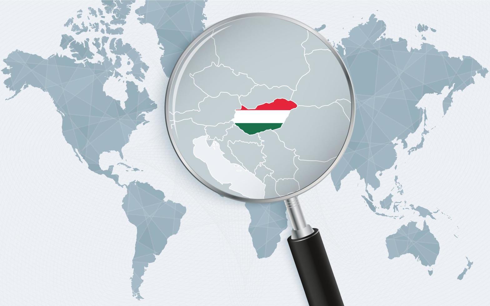 World map with a magnifying glass pointing at Hungary. Map of Hungary with the flag in the loop. vector