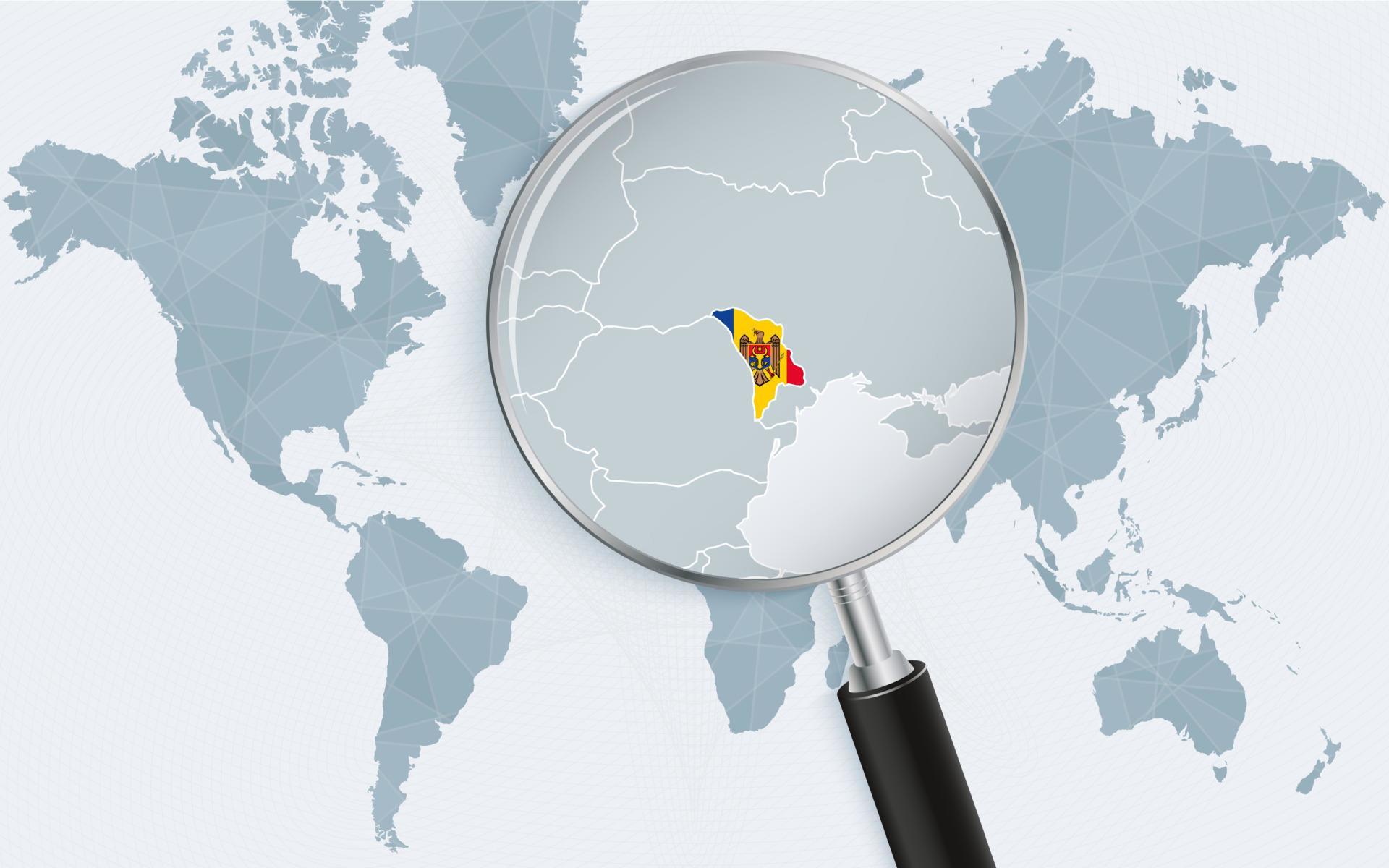 World Map With A Magnifying Glass Pointing At Moldova Map Of Moldova World Map With A Magnifying Glass Pointing At Moldova Map Of Moldova With The Flag In The Loop Vector 