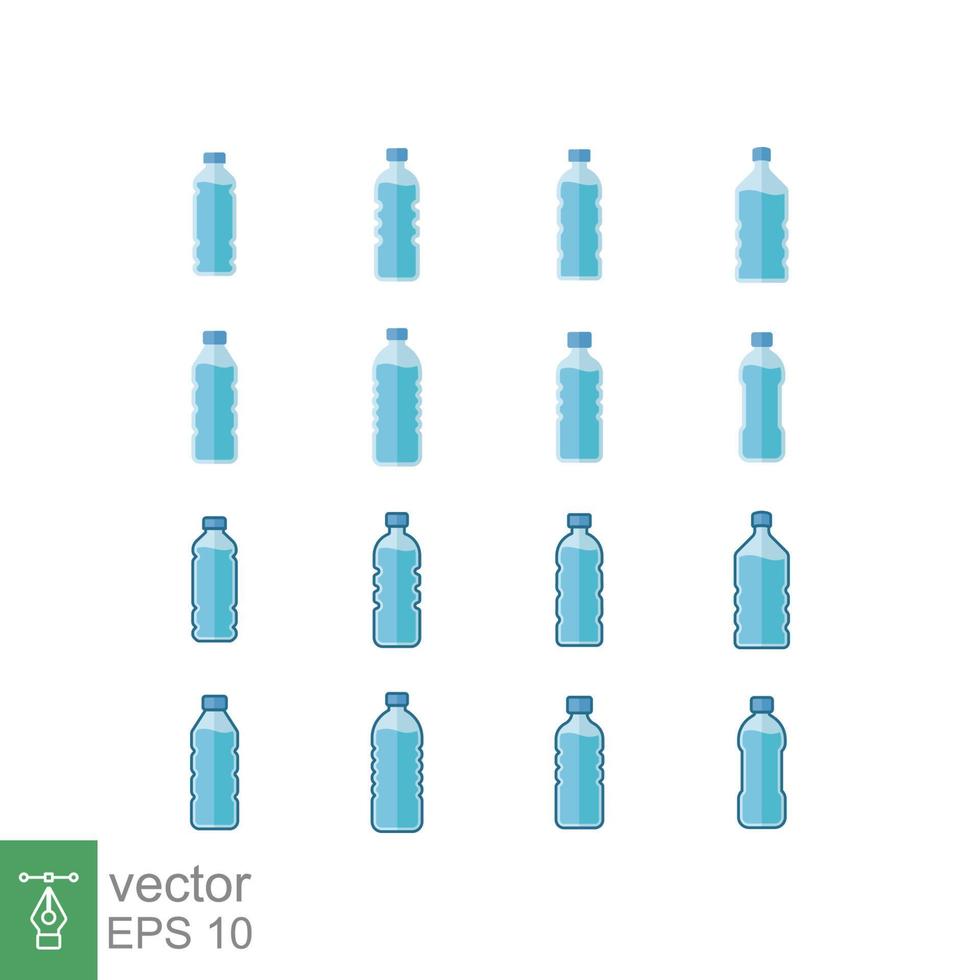 Water bottle flat icon set. Simple filled outline style. Plastic bottle, drink, mineral, soda, juice, food and beverage package concept. Vector illustration isolated on white background. EPS 10.