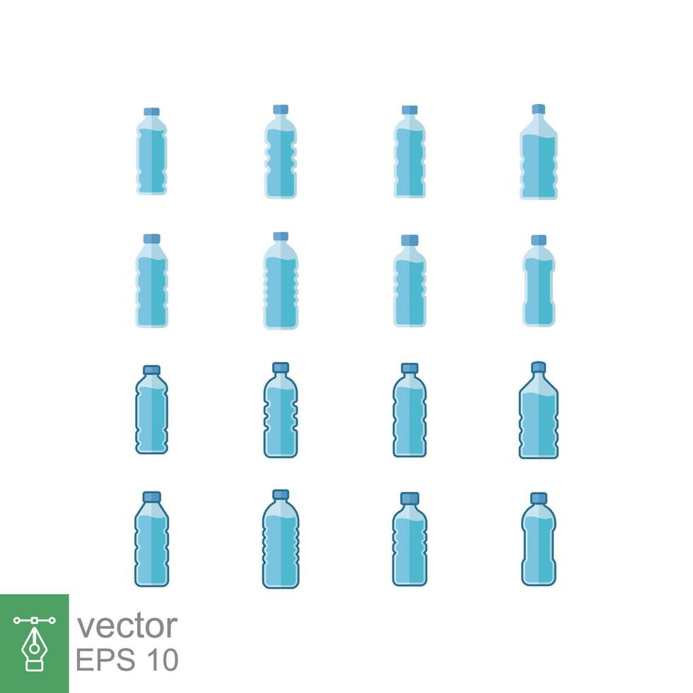 conjunto de iconos planos de botella de agua. estilo de contorno relleno simple. botella de plástico, bebida, mineral, soda, jugo, concepto de paquete de alimentos y bebidas. ilustración vectorial aislado sobre fondo blanco. eps 10. vector