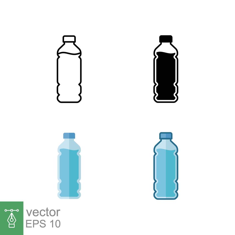 icono de botella de agua en un estilo diferente. línea, contorno sólido, plano, relleno. botella de plástico, bebida, mineral, refresco, jugo, concepto de paquete. ilustración vectorial aislado sobre fondo blanco. eps 10. vector