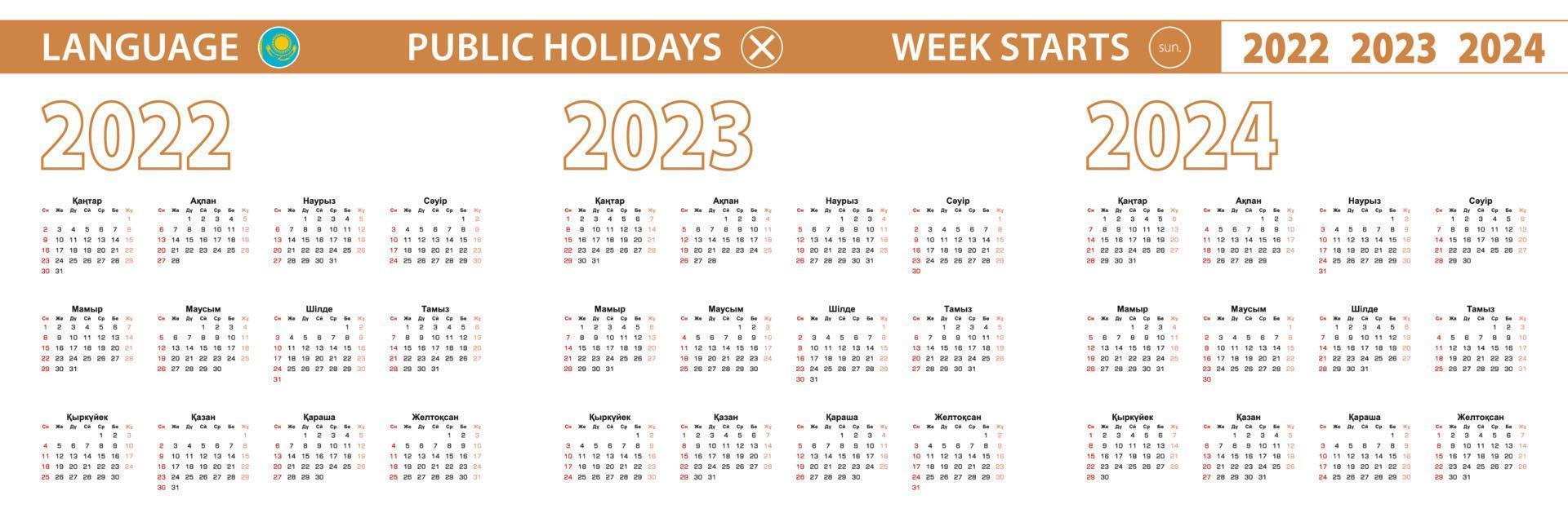 2022, 2023, 2024 year vector calendar in Kazakh language, week starts on Sunday.