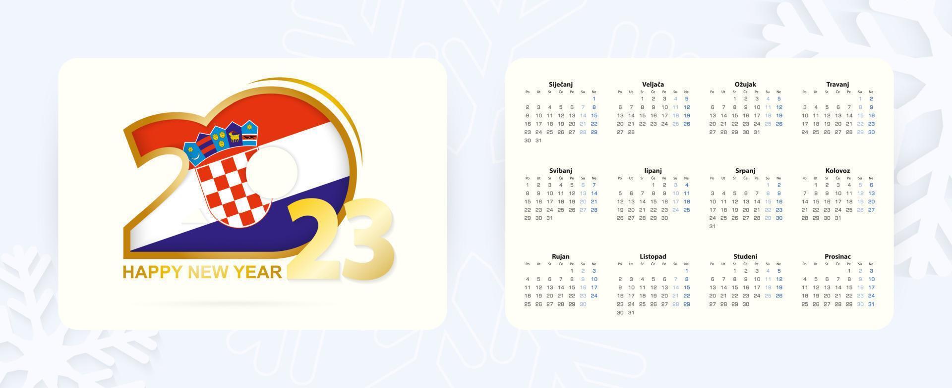Horizontal Pocket Calendar 2023 in Croatian language. New Year 2023 icon with flag of Croatia. vector