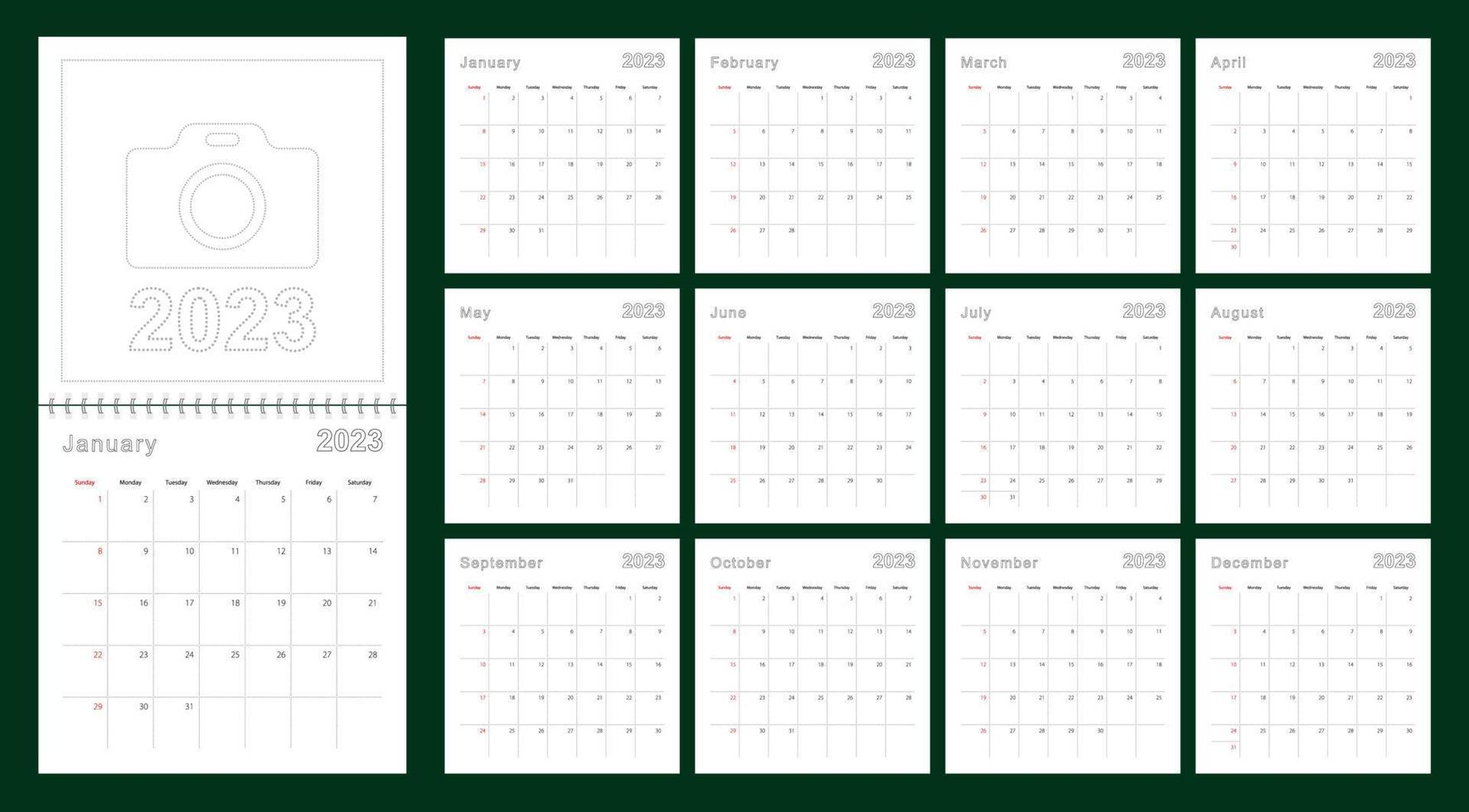 calendario de pared simple año 2023 con líneas punteadas. el calendario está en inglés, la semana comienza el domingo. vector